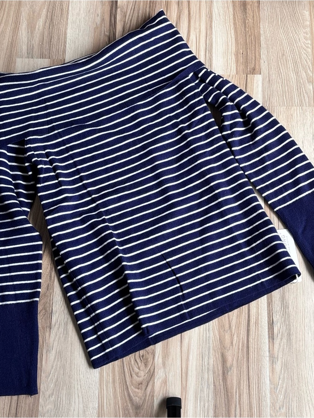 Navy and White Striped Off-Shoulder Sweater